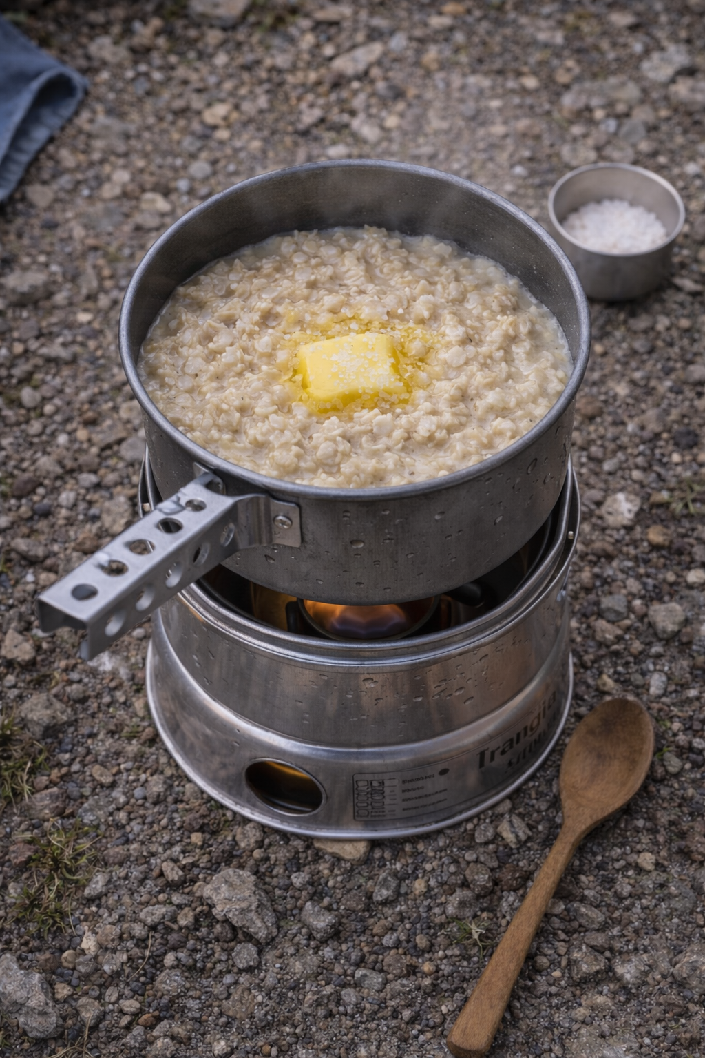 Havregrød med smør og salt på Trangia