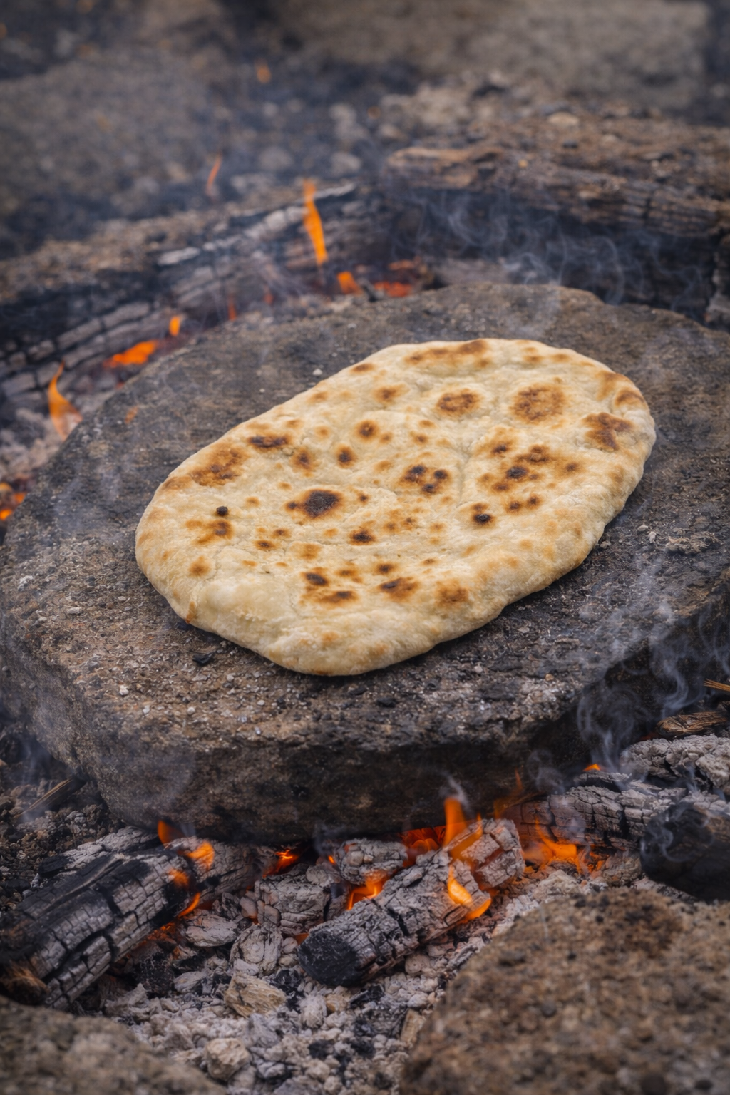 Fladbrød på varm sten over bål