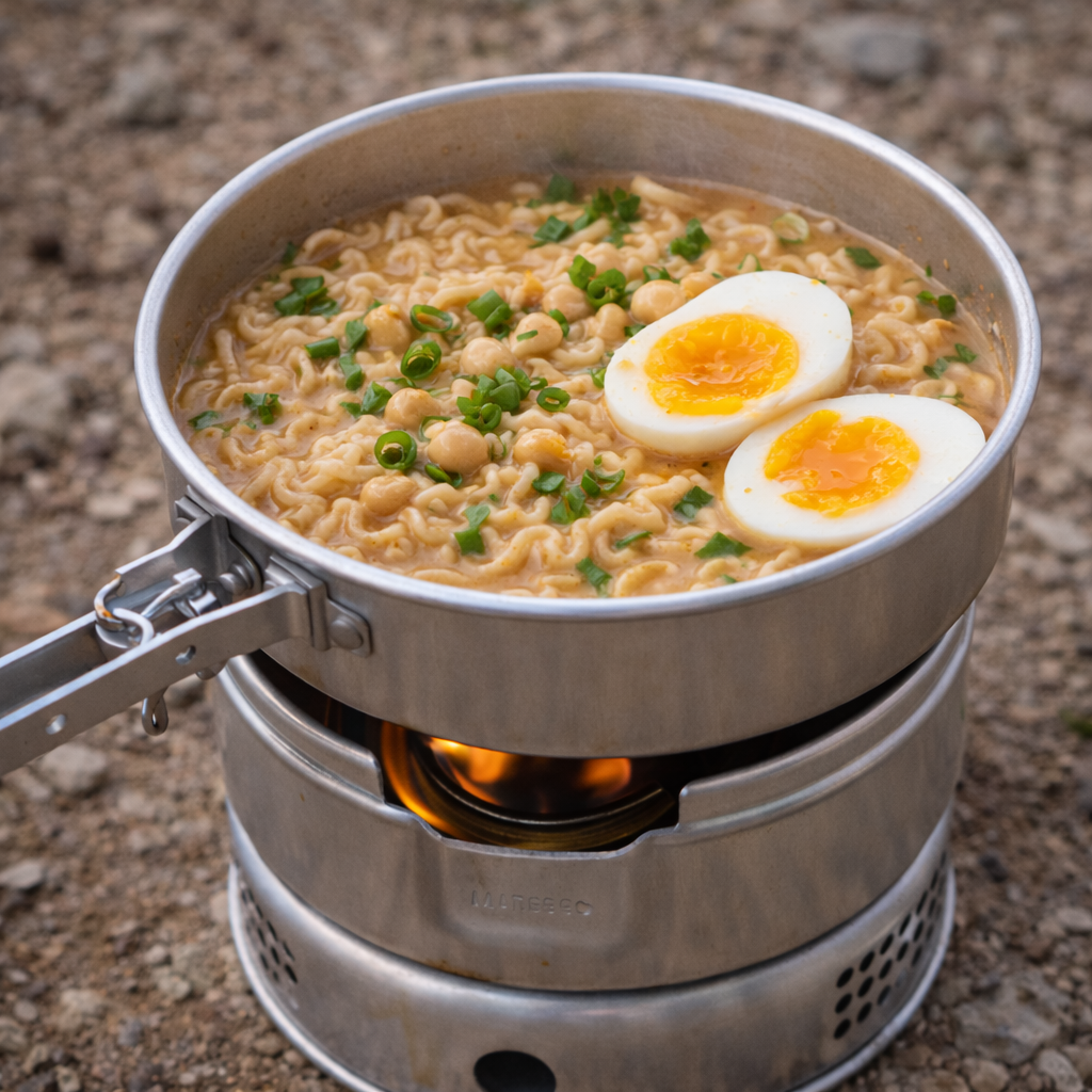Outdoor peanut-ramen med æg i trangia