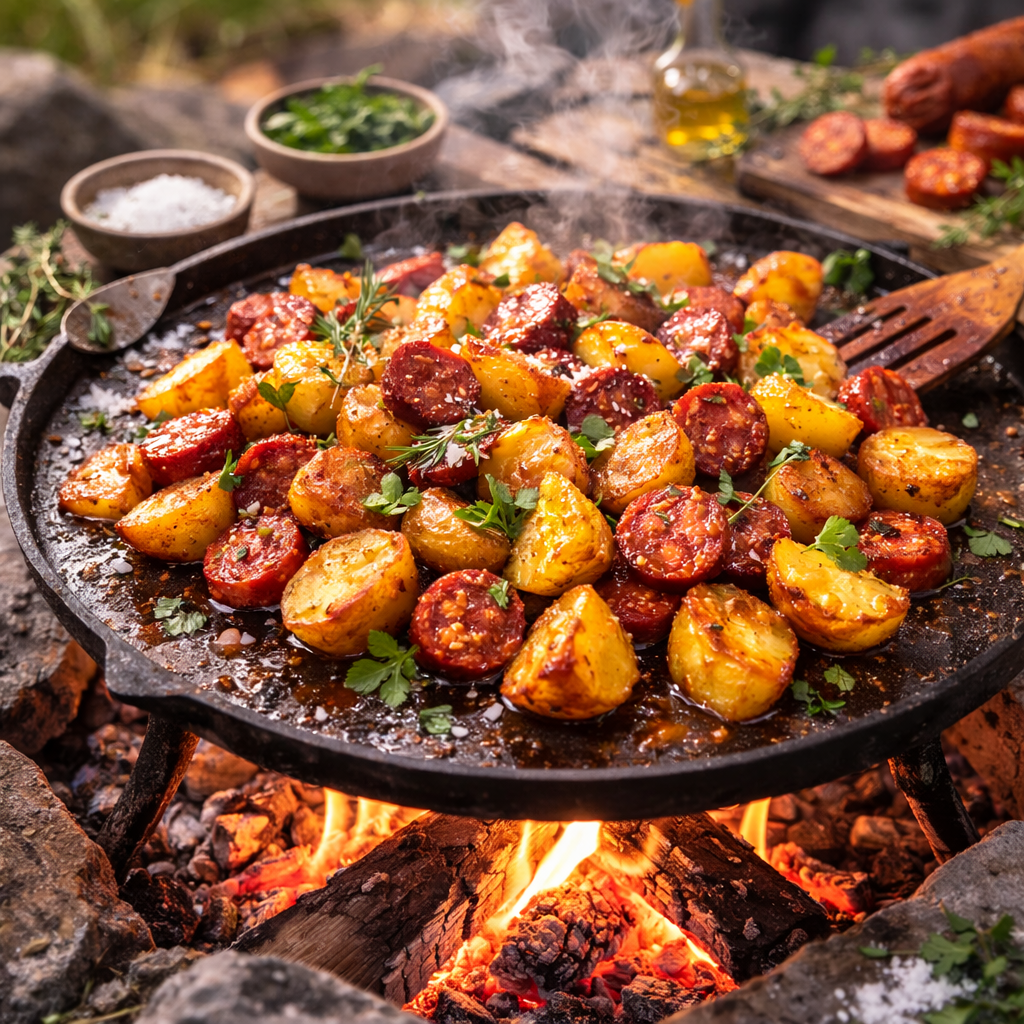 Sprøde kartofler med chorizo på stegeplade
