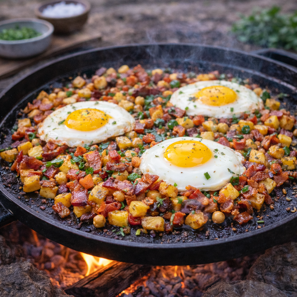 Morgenmadshash med æg og bacon på stegeplade