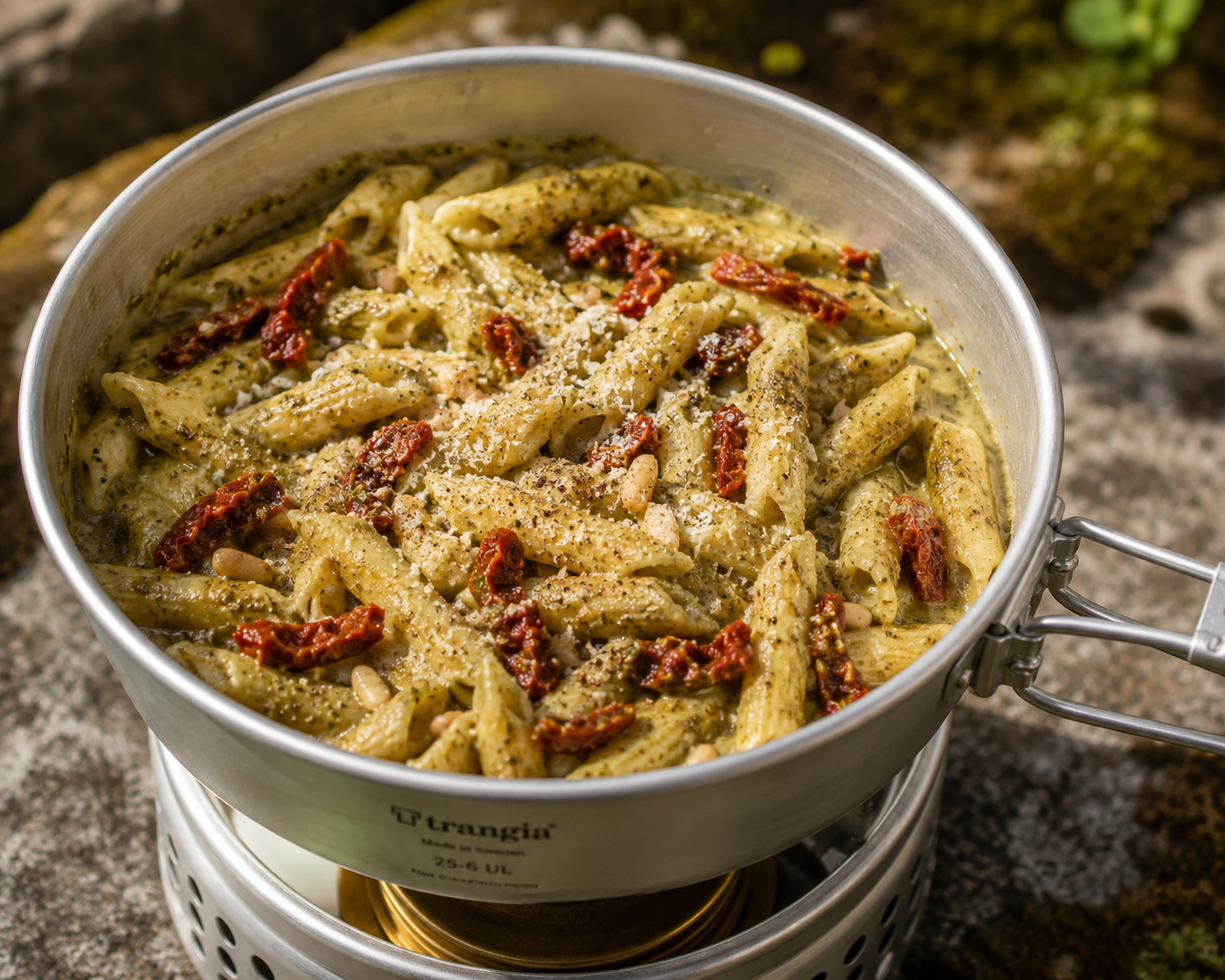 One pot-pasta med pesto og soltørkede tomater på Trangia