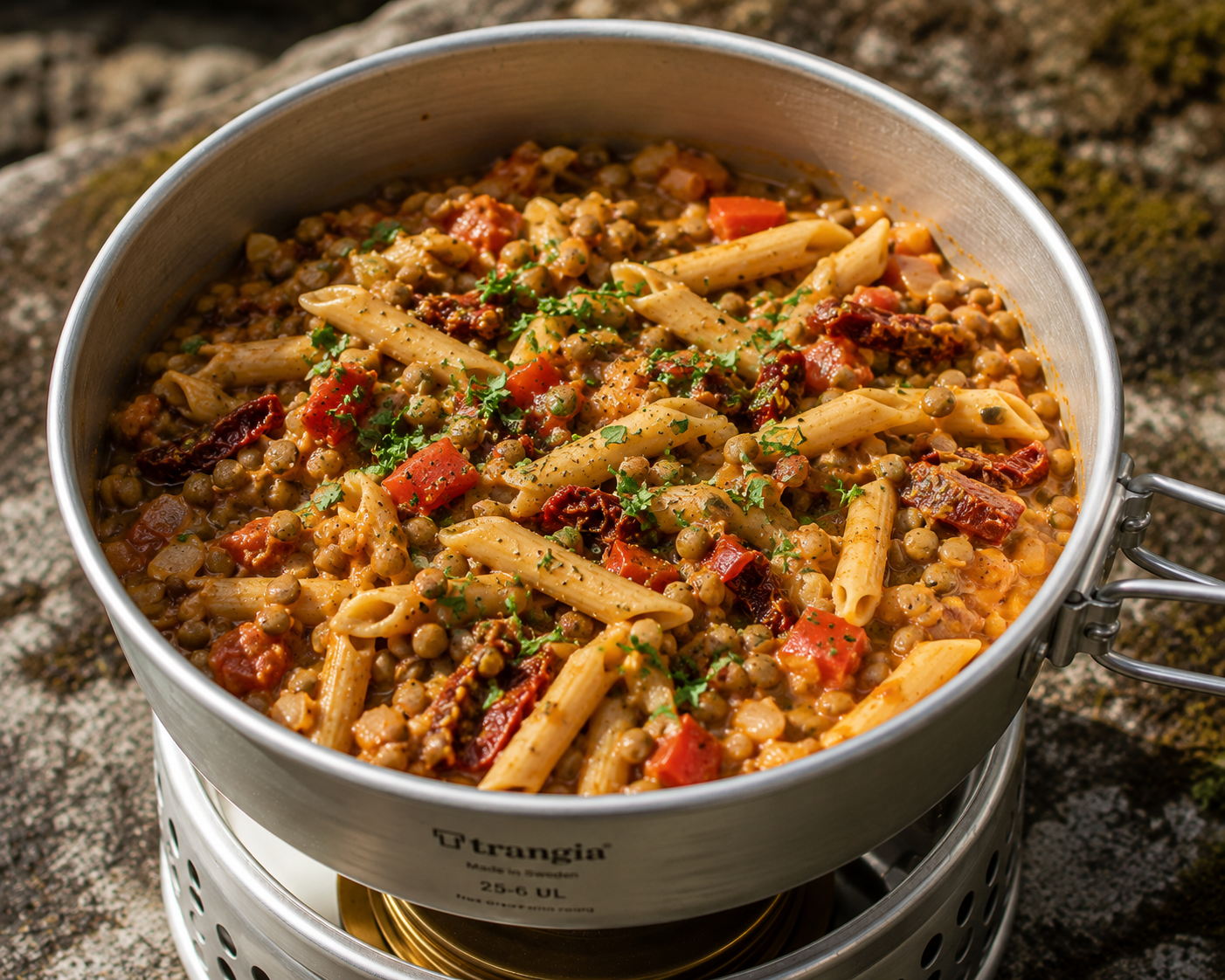 Vegetarisk one pot-pasta med linser på Trangia