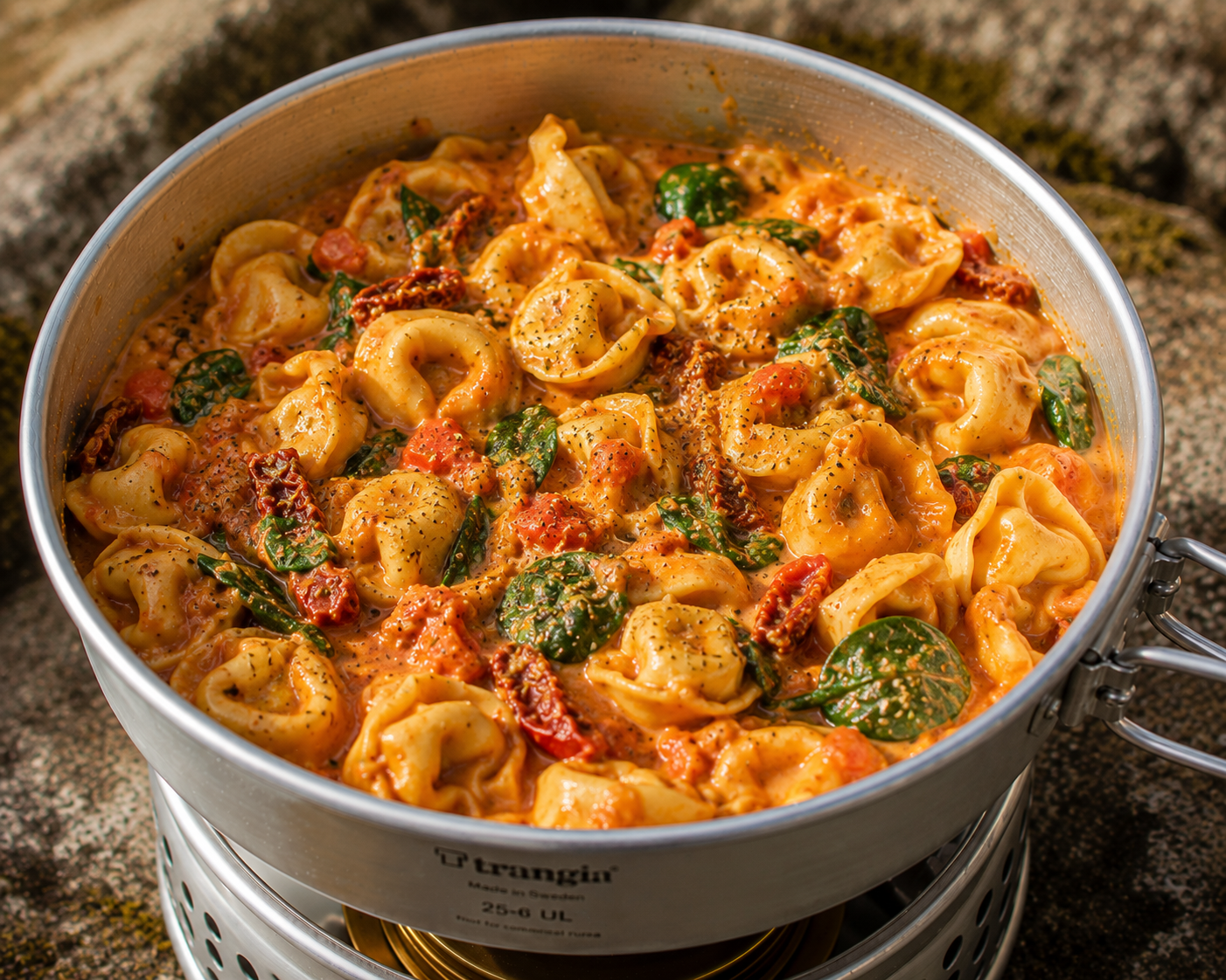 One pot-tortellini med tomat og fløte på Trangia