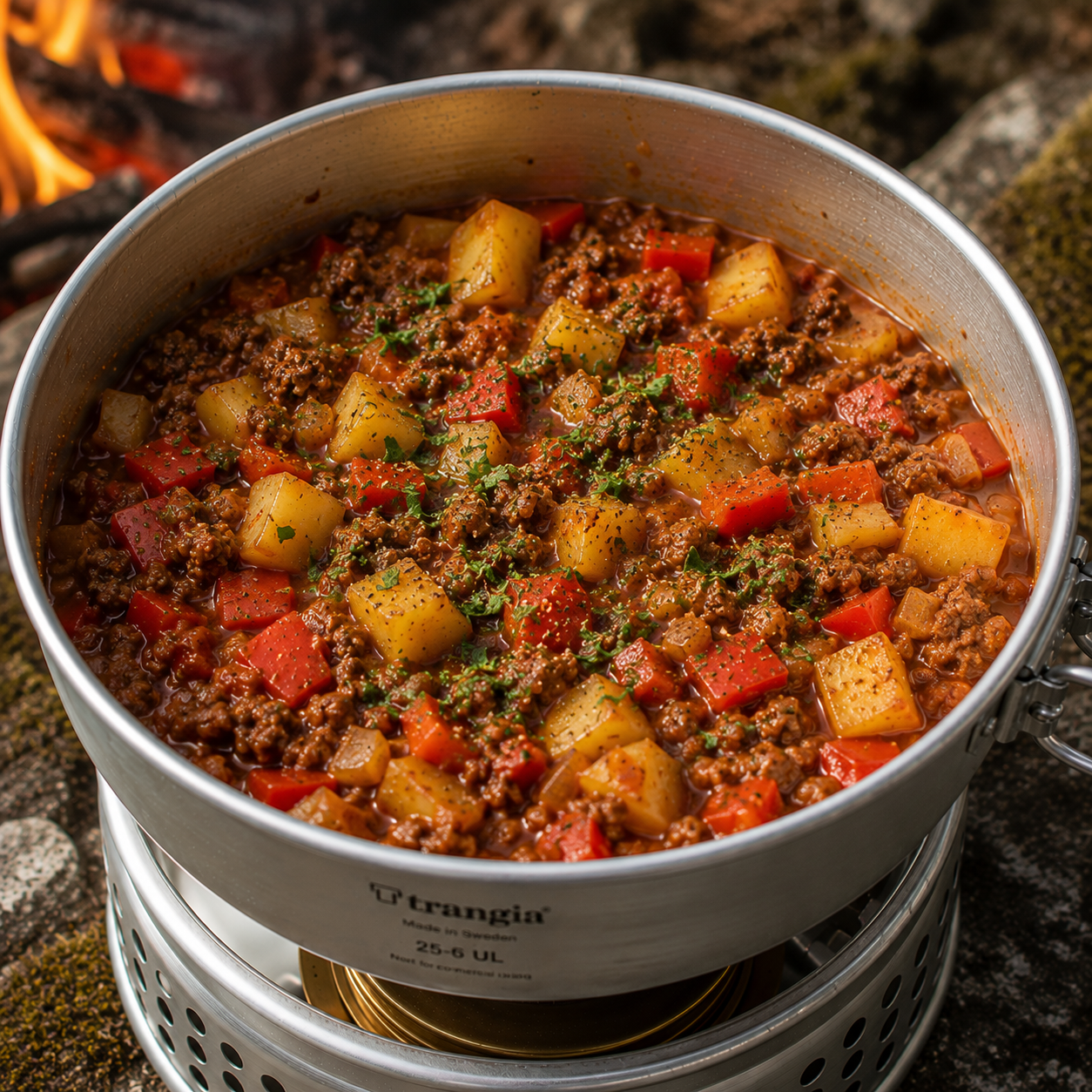 Bålgryde med hakket oksekød, kartofler og paprika