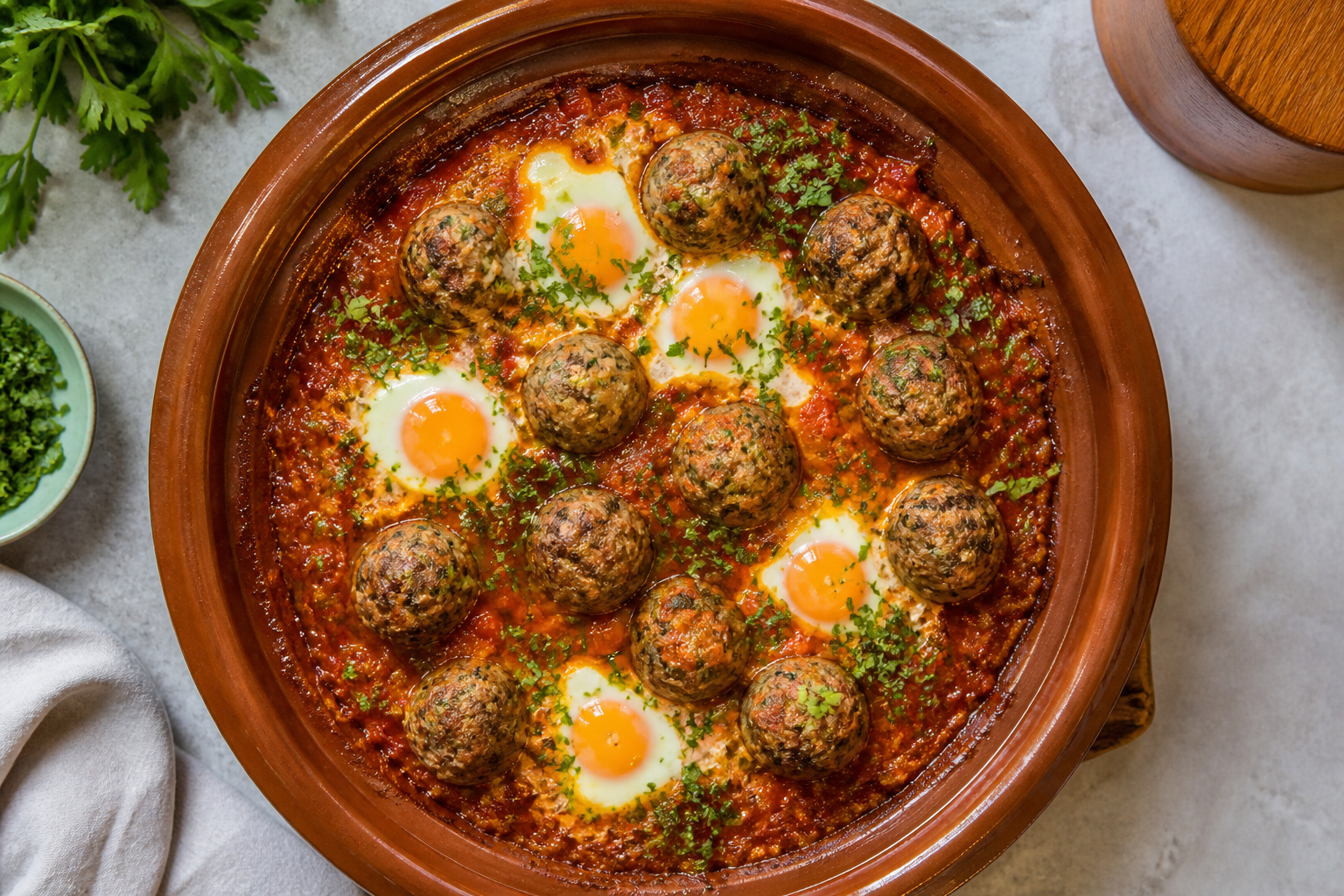 Kefta-tagine med æg i krydret tomatsauce