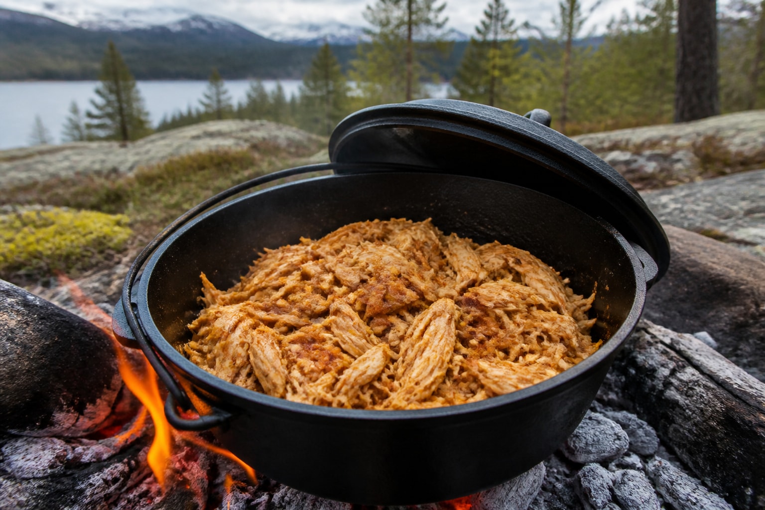 Pulled chicken over the campfire