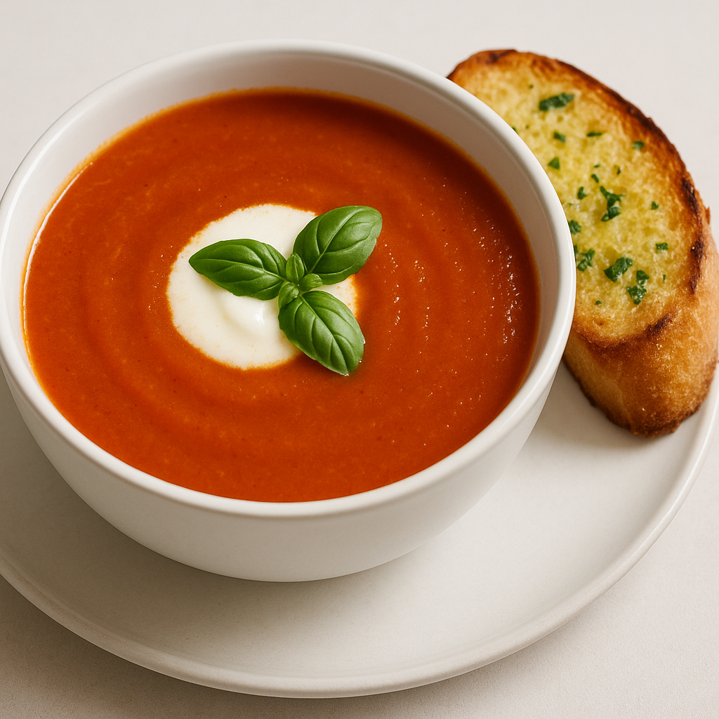 Sød og Glat Tomatsuppe med Hvidløgsbaguette