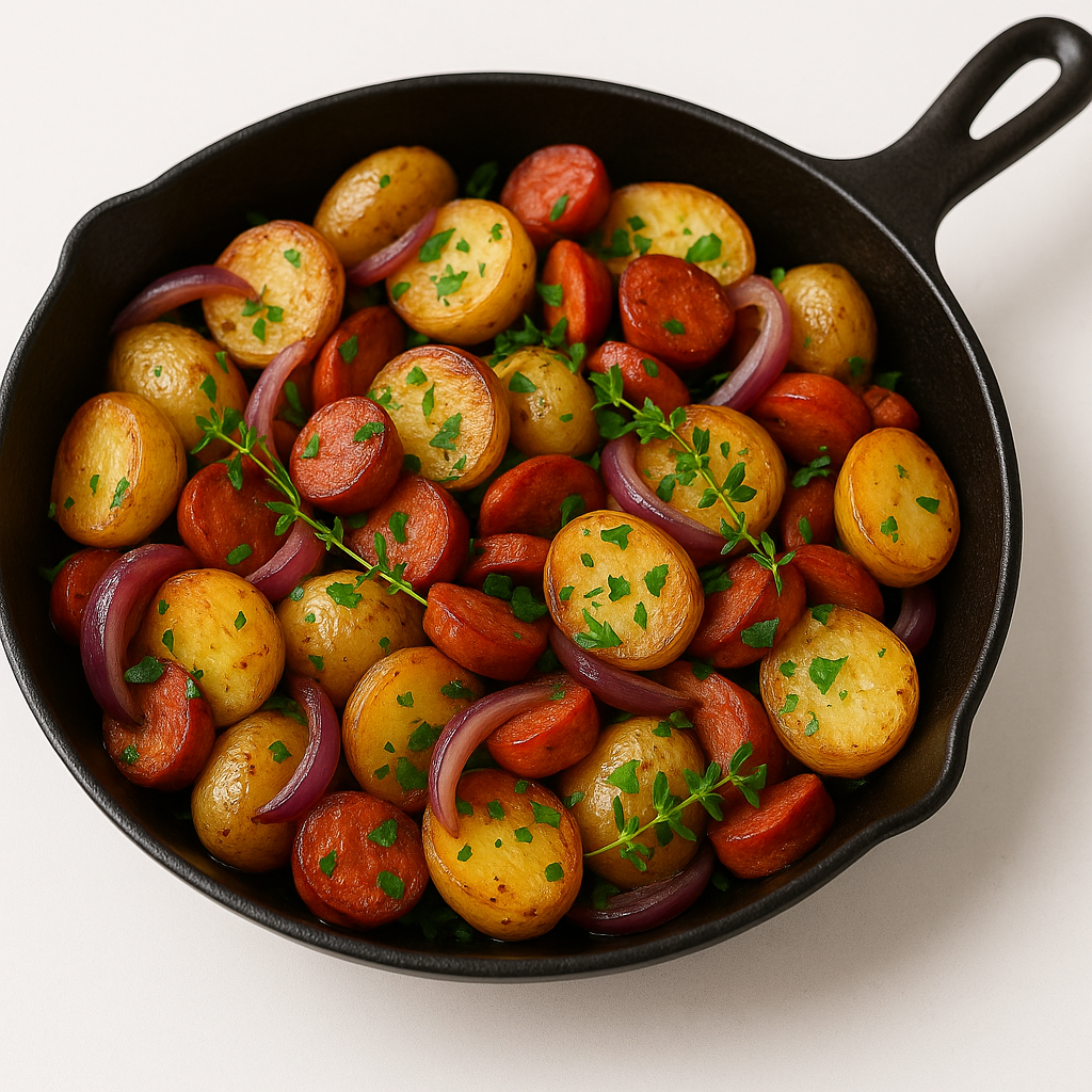 Stegte kartofler med løg, pølser og urter