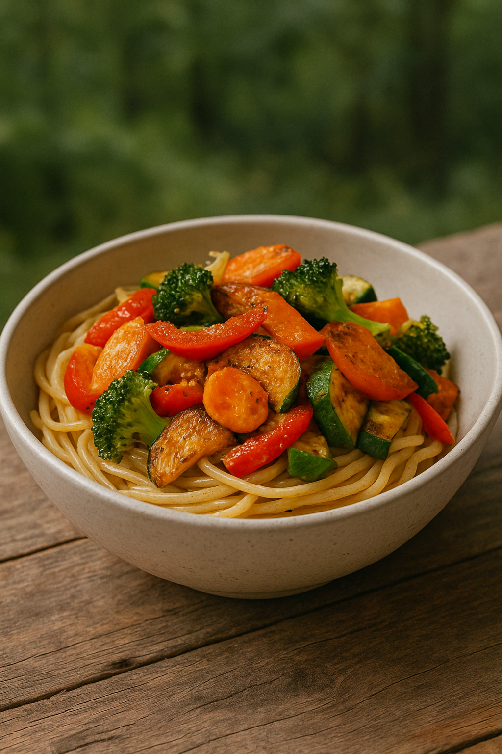 Stegte grøntsager med pasta og olivenolie