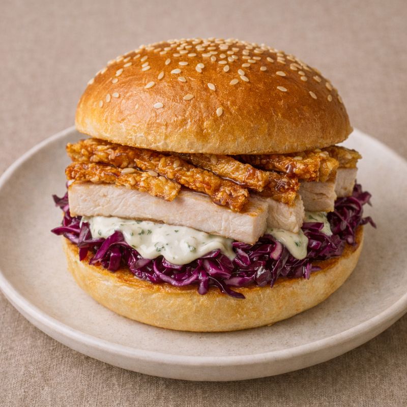 Flæskestegsburger med rødkål & sprød svær