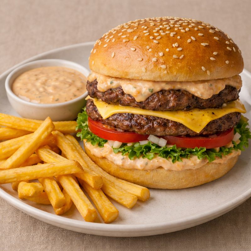 Nordmad-burger med dobbelt bøf og cremet dressing