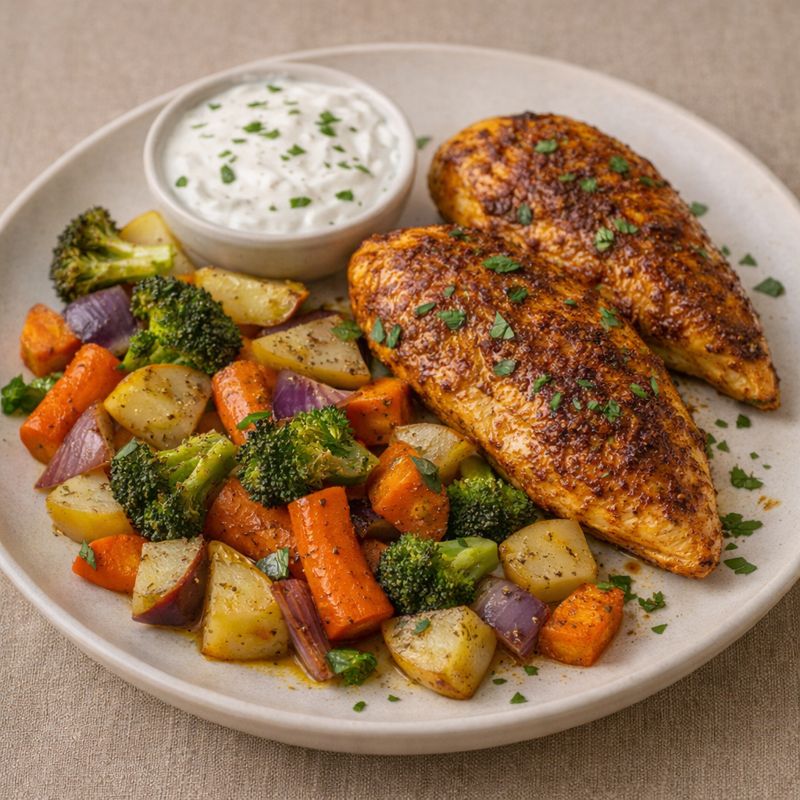 Krydret kylling med ovnbagte grøntsager og yoghurtdressing