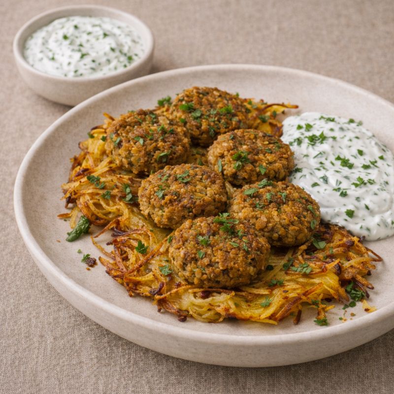 Nordisk kartoffelrösti med linsedeller og urteyoghurt