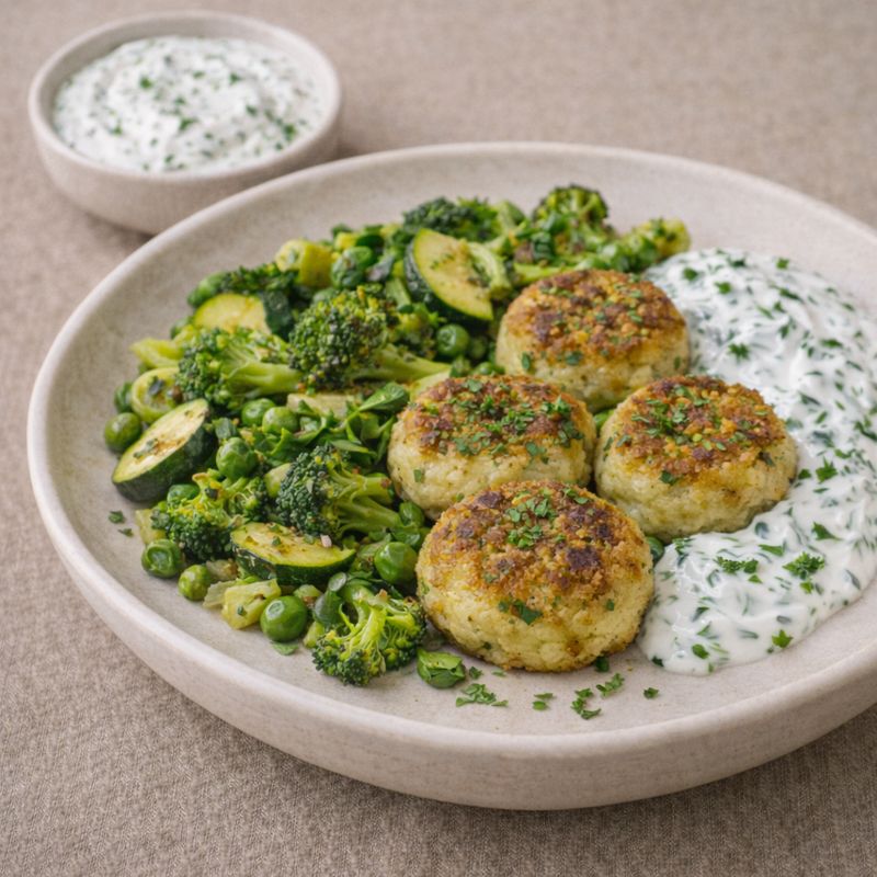 Kartoffelfrikadeller med grøntsagssauté og urtecreme