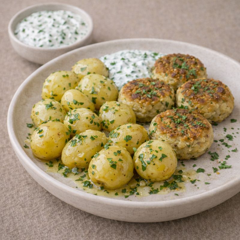 Nye kartofler med purløgscreme, hvidløgssmør og bønne-bøffer