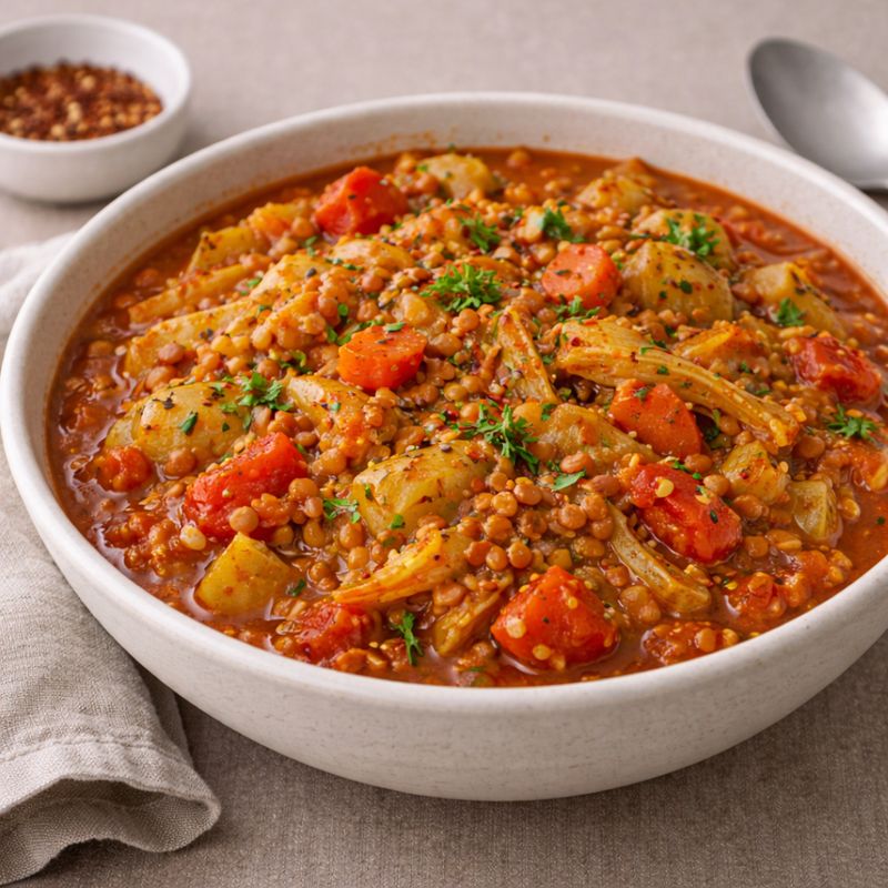 Kålgryde med linser og tomat