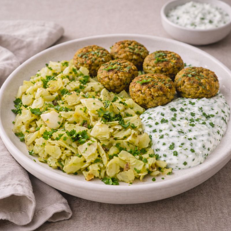 Stegt kål og falafler med urtedressing