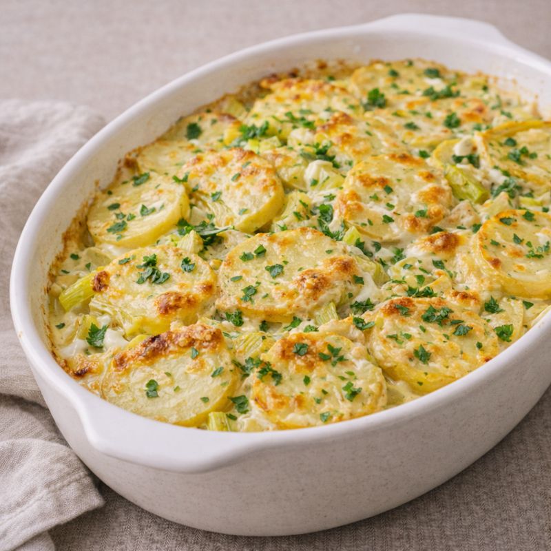 Kartoffelfad med porrer og ost