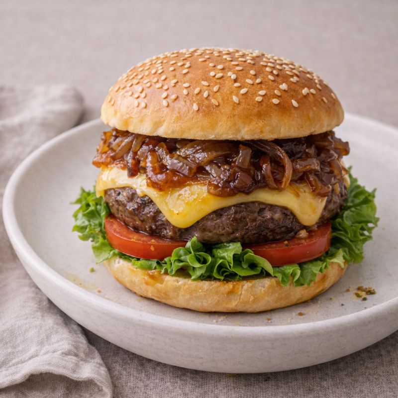 Hjemmelavet burger med karameliserede løg