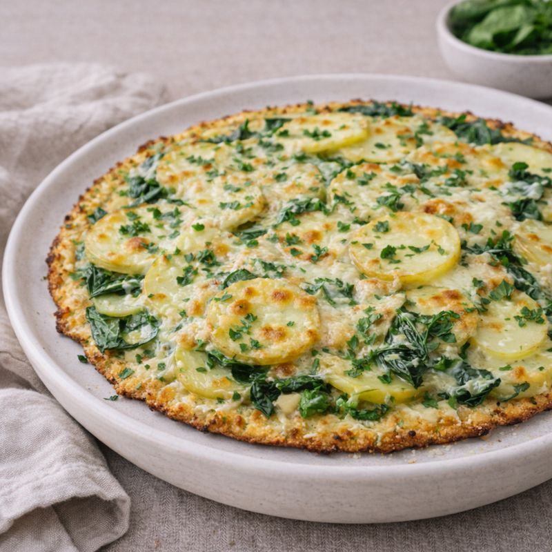 Pizza på blomkålsbund med kartoffel & spinat