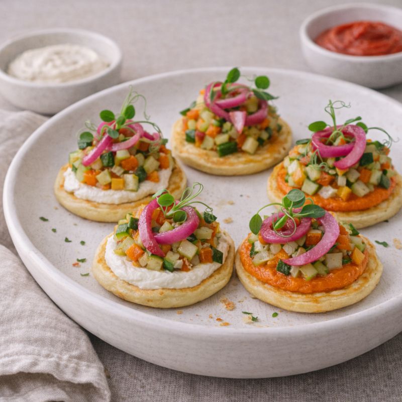 Blinis med grøntsagskaviar, cashew-creme og peberfrugt-creme