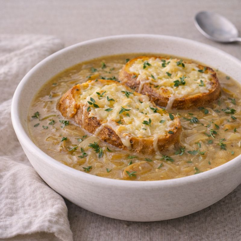 Cremet løgsuppe med sprødt brød