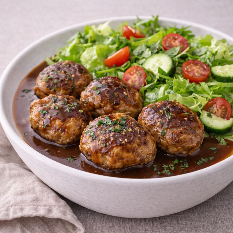 Frikadeller med brun sovs og grøn salat