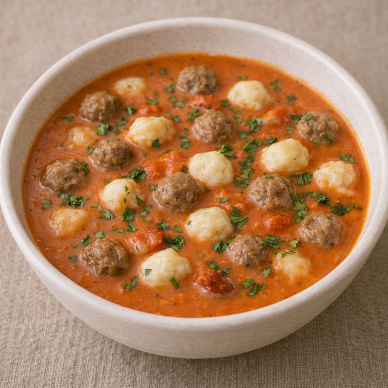 Tomatsuppe med melboller og kødboller