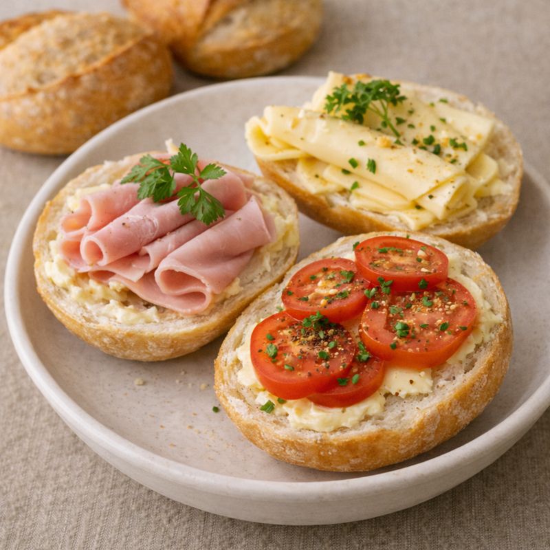 Lune rundstykker med smør og pålæg