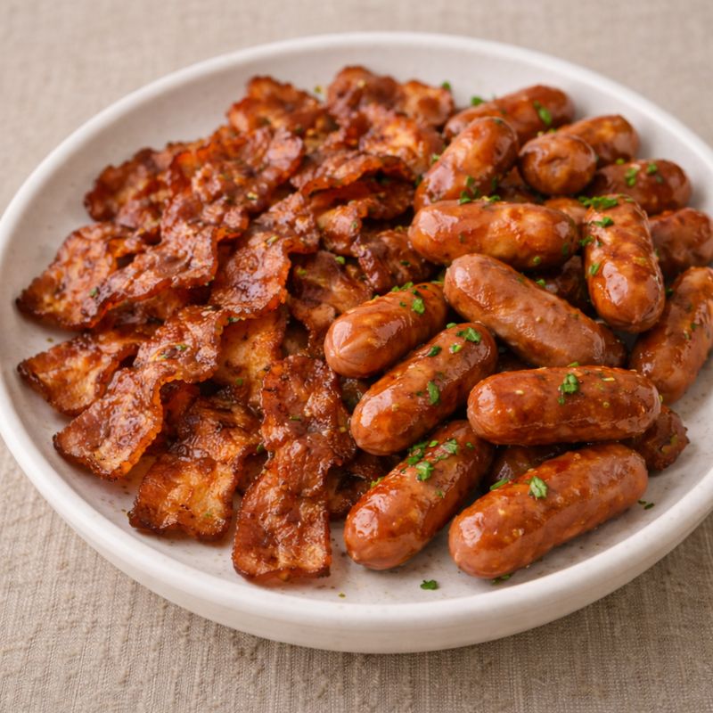 Små pølser og sprødstegt bacon