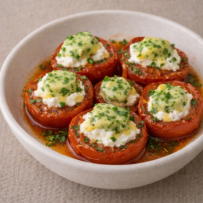 Bagte tomater med urtesmør og friskost