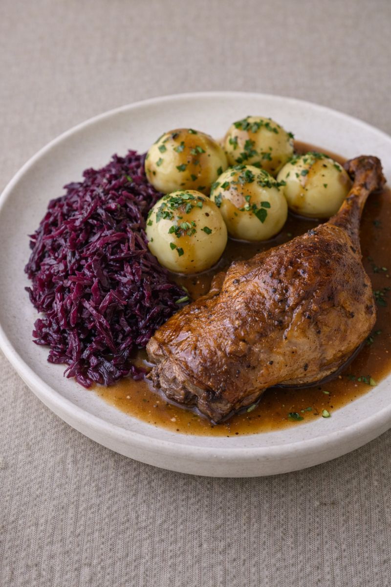 Mortensaften-and med Rødkål og Kartofler