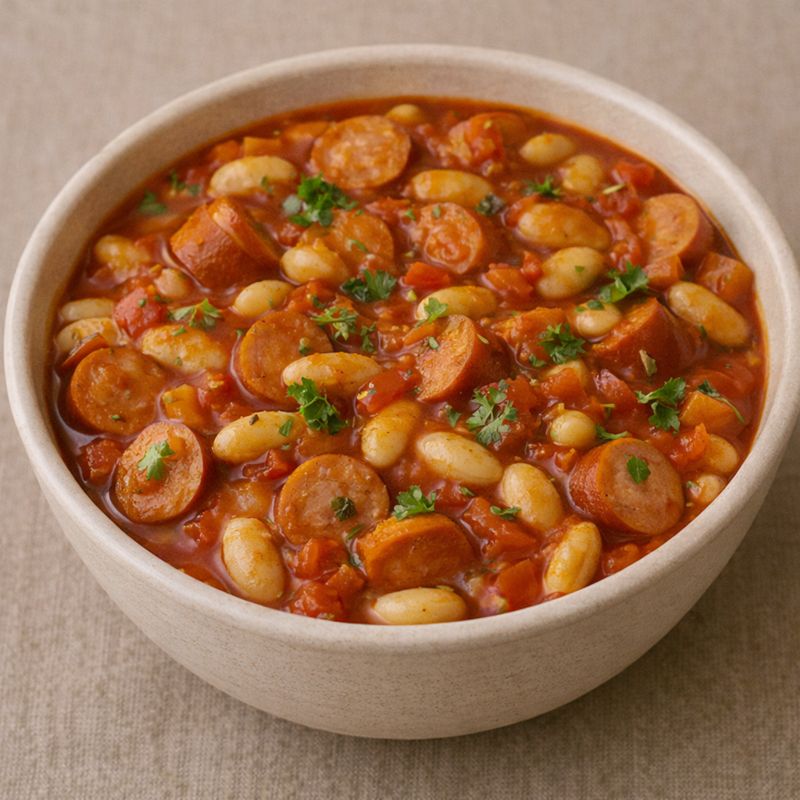 Pølsegryde med bønner og tomat