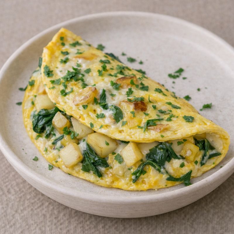 Omelet med kartoffel, ost og spinat