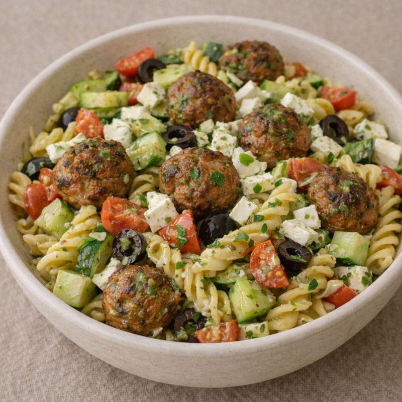 Græsk Pastasalat med Frikadeller & Basilikumdressing
