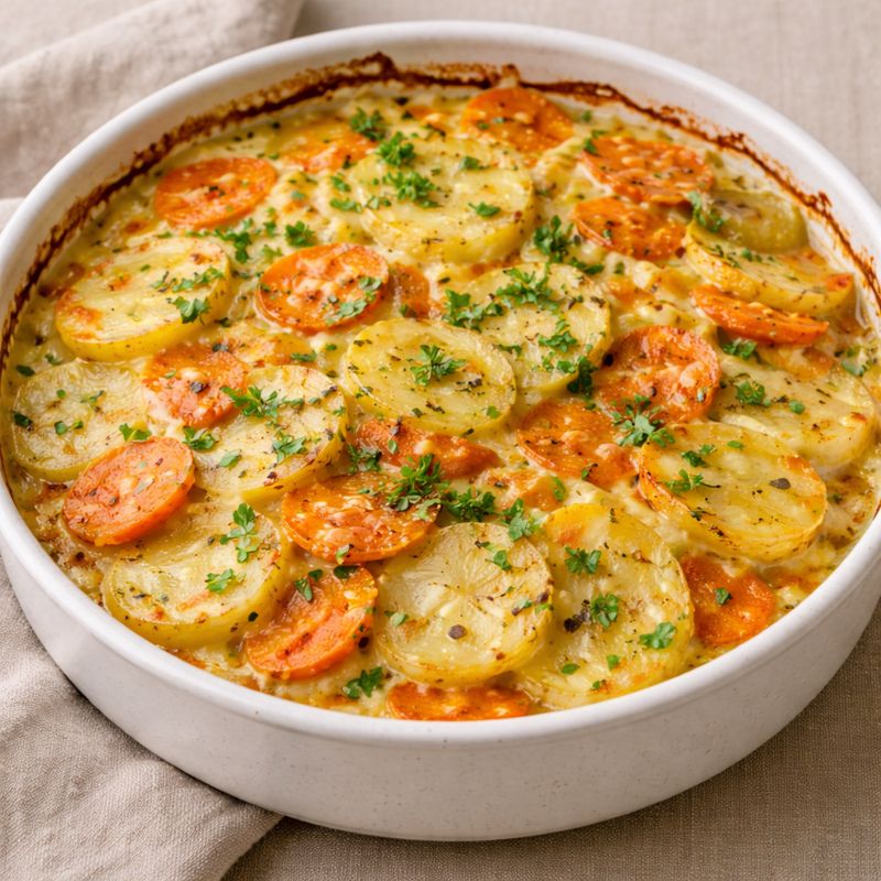 Kartoffel- & gulerodsgratin med kokosmælk