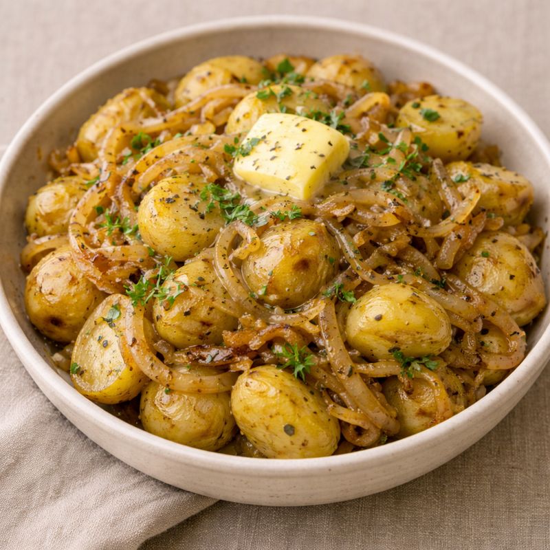 Karamelliserede løg med kartofler og smør