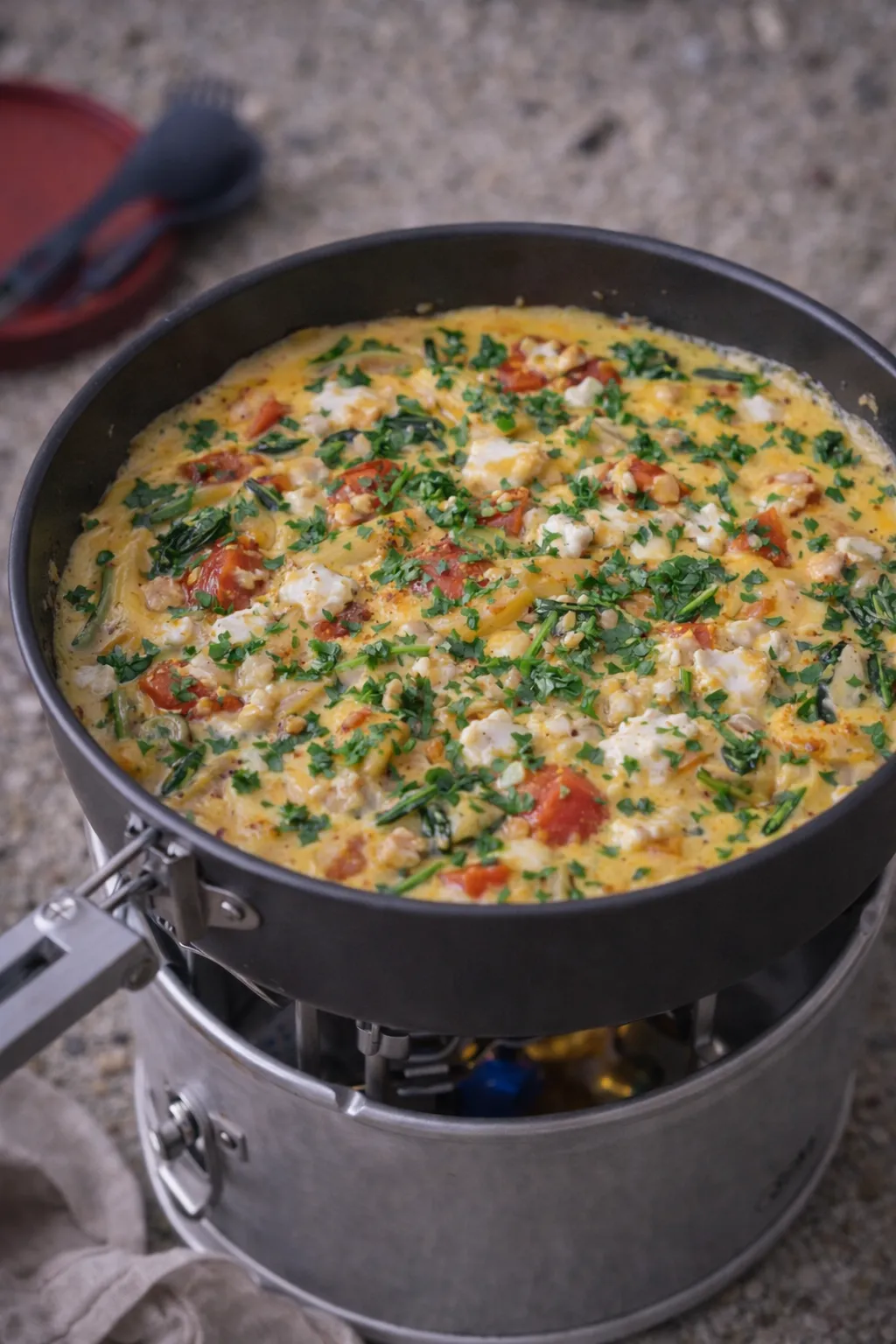 Omelette in a pan on a Trangia