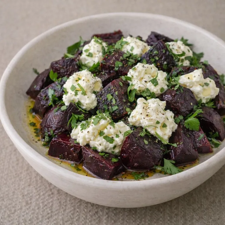 Roasted beet salad with cream cheese and herbs
