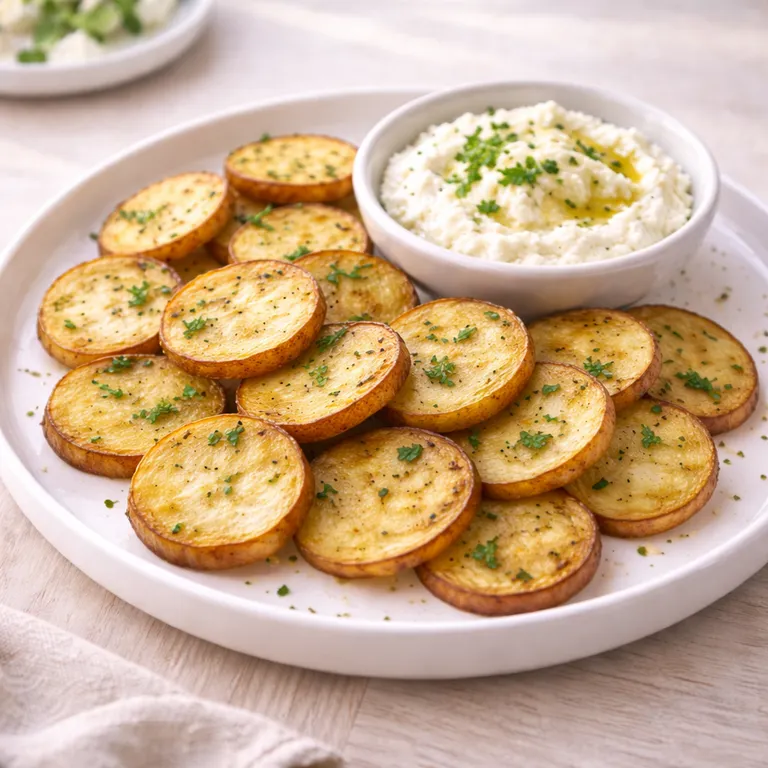 Bagte kartoffelskiver med fetacreme