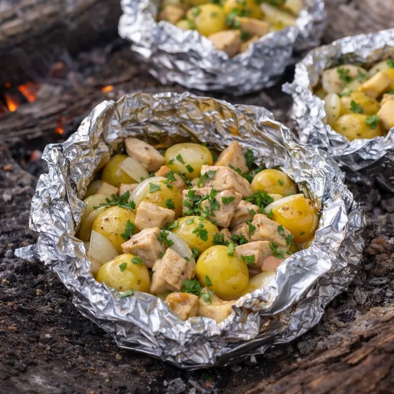 Folienpakete mit Hähnchen und Kartoffeln vom Lagerfeuer