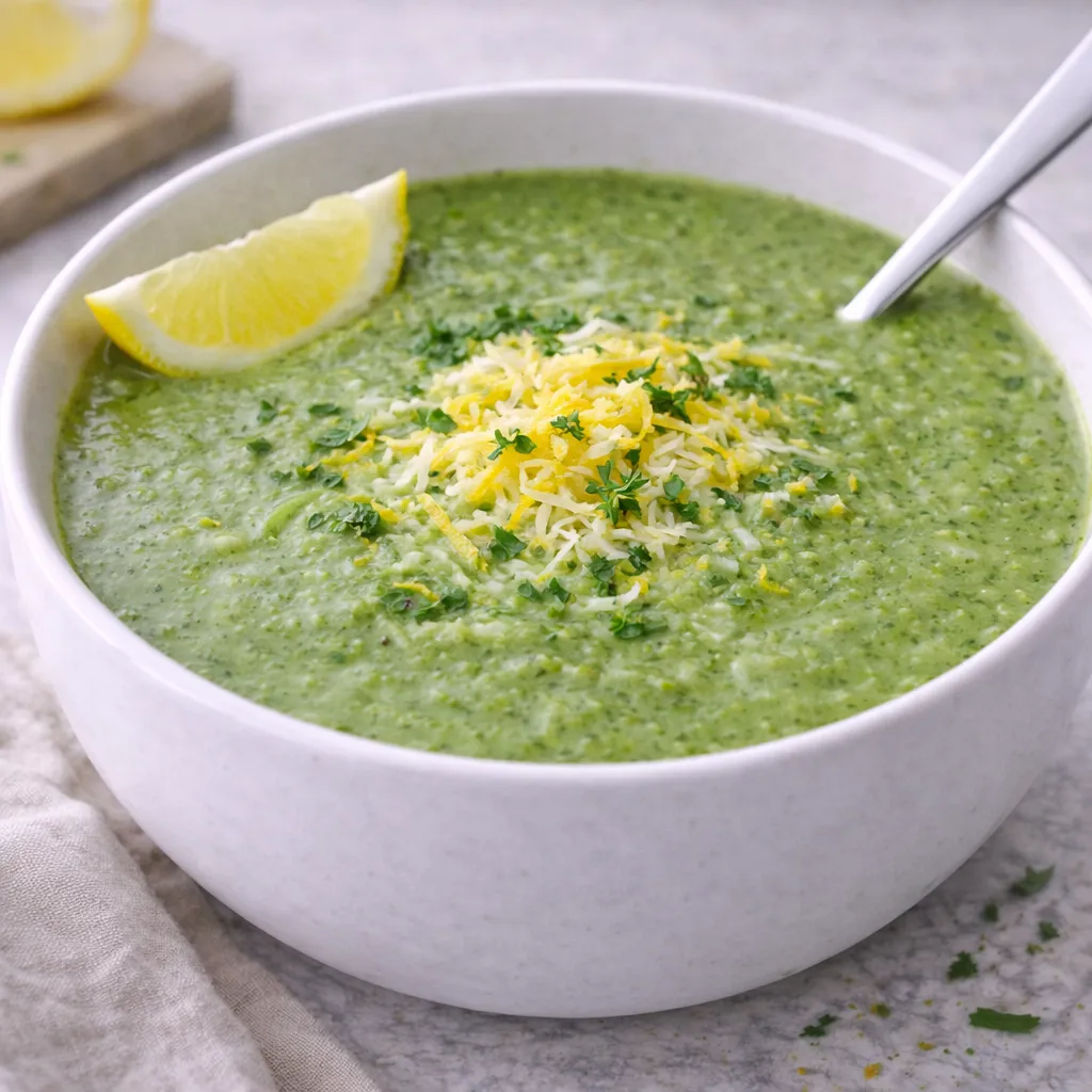 Broccoli and squash soup with cheese and lemon