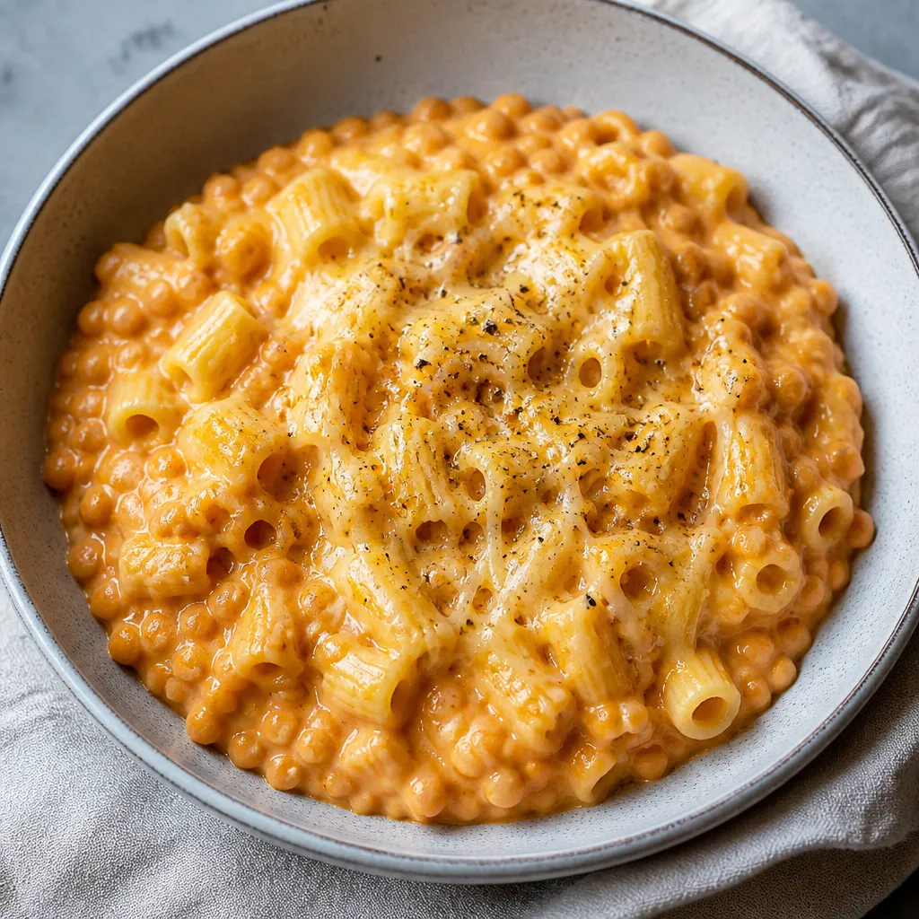 Cremet pasta med røde linser, cheddar og mozzarella