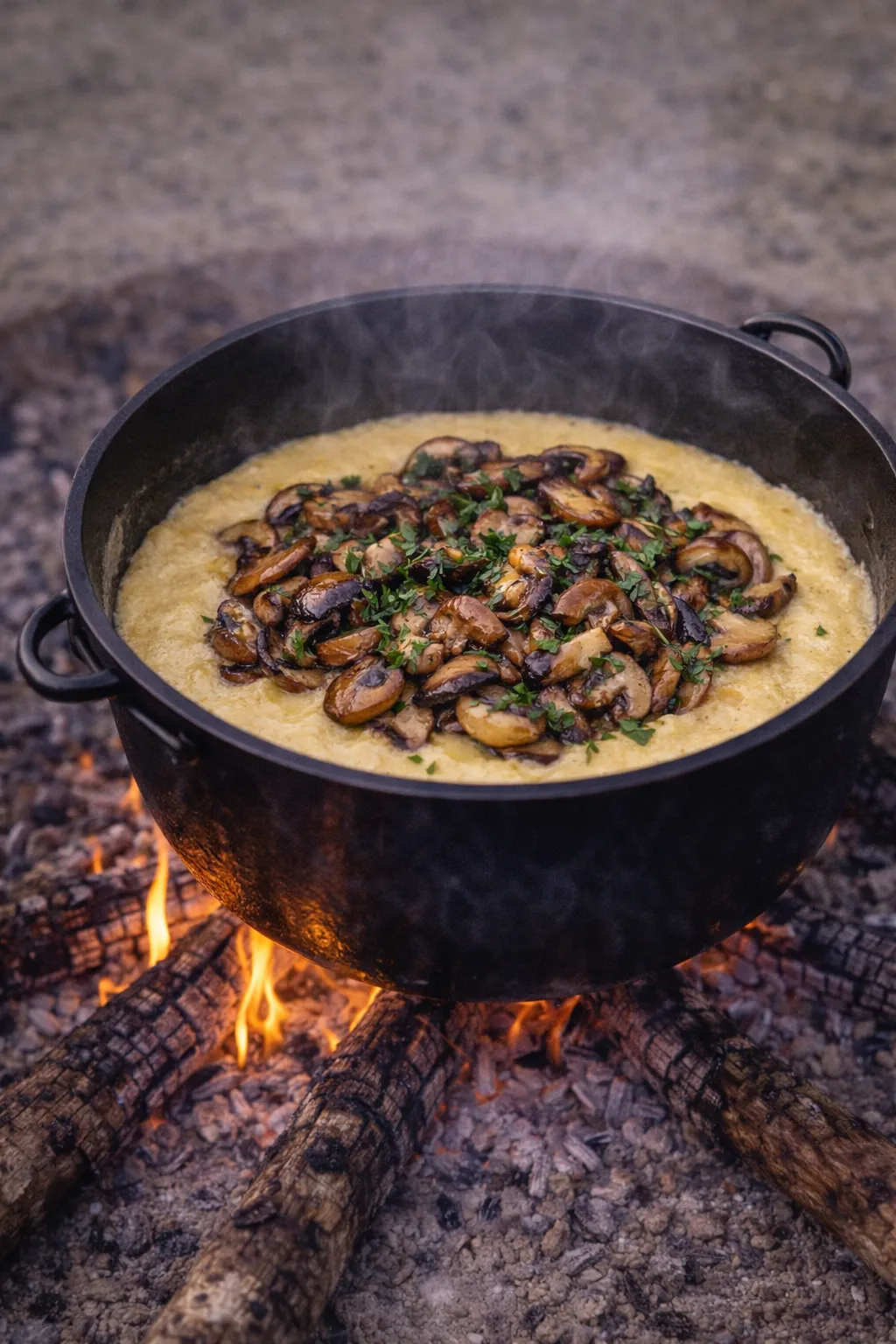 Cremet polenta med svampe over bål
