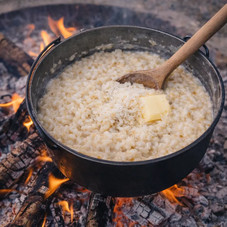 Creamy risotto over a campfire