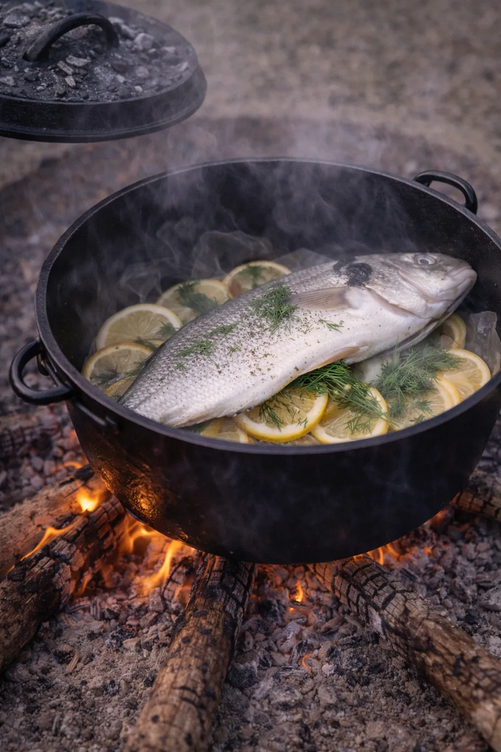 Dampet hel fisk over bål