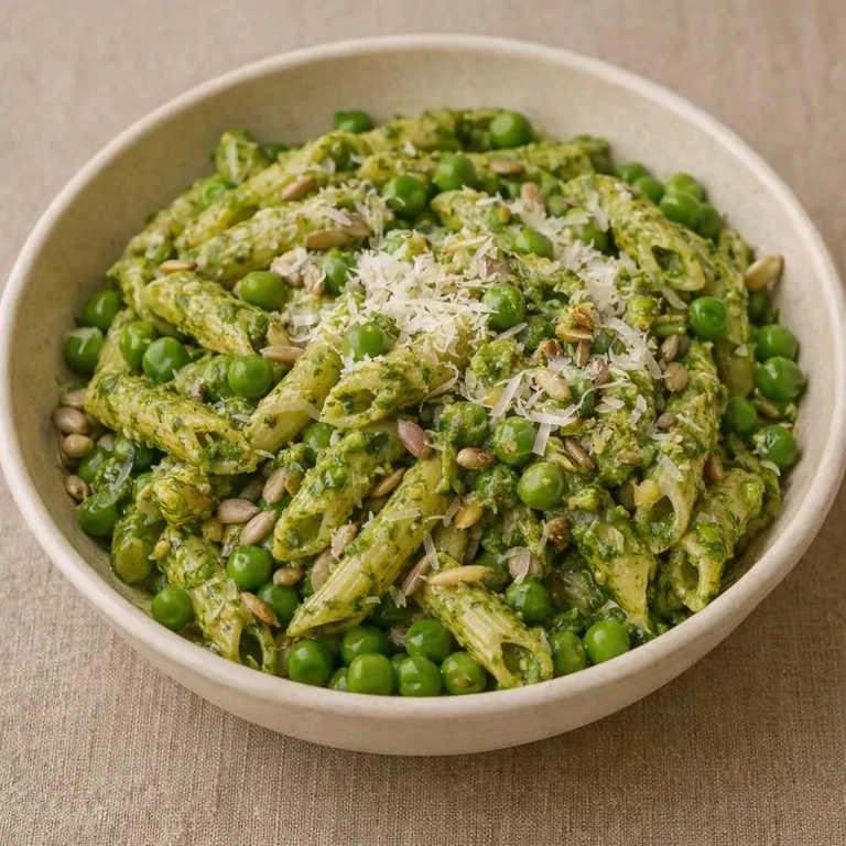 Spring pasta with wild garlic pesto and peas