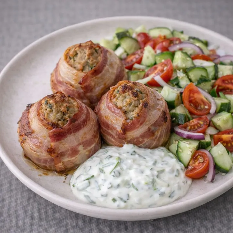 Fyldte løg svøbt i bacon med frisk salat og tzatziki