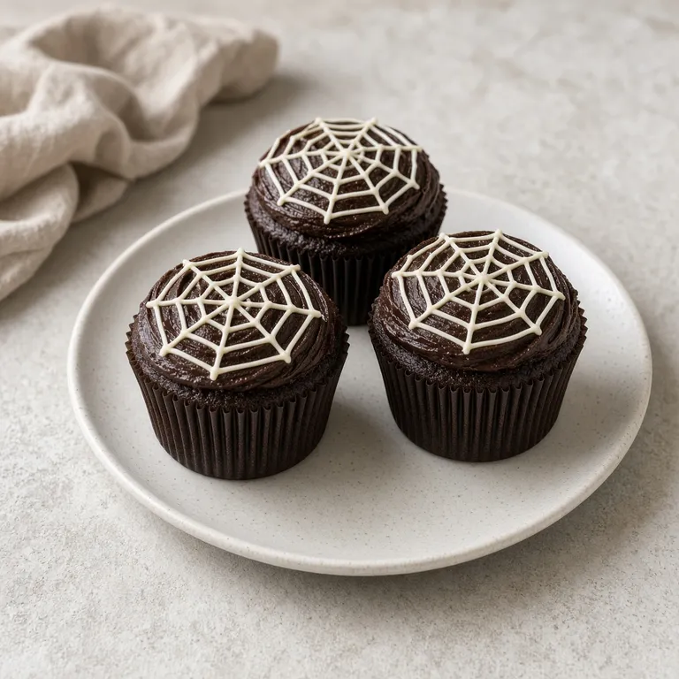 Halloween-cupcakes med sjokolade og edderkoppnett